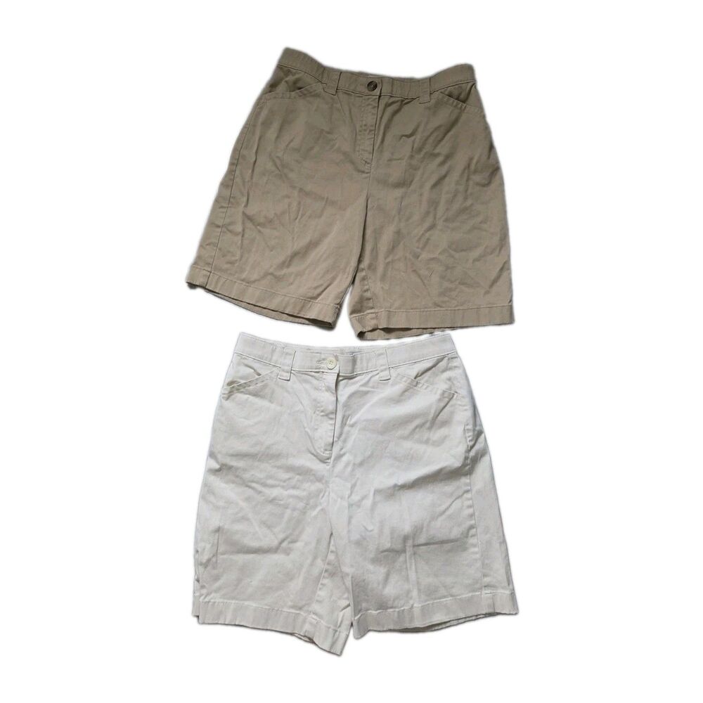 Lot Of 2 L.L.Bean Classic Fit Chino Shorts Khaki Tan, Ivory Womens Sz 14 Reg EUC